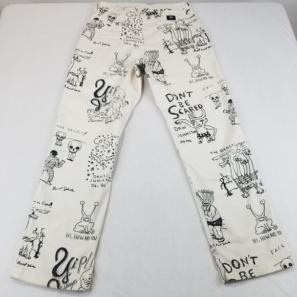 Vans Authentic Chino Mens 30 Cream Daniel Johnston Art Print Pants Loose Fit - Picture 2 of 13